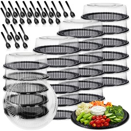 24 Pack 12 Inch Heavy Duty Serving Tray with Clear Lid and Sporks, Large Plastic Tray with Elegant Platter Round Black Disposable for Fruit Sandwich Party Takeout Food Catering Picnic