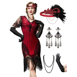 YESSA 1920s Flapper Dresses for Women,Sheer Beaded Sleeves Great Gatsby Dresses Roaring 20s Dresses Costumes with 20s Accessories,Flapper Costume,20s Outfit Red