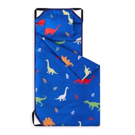 Wake In Cloud - Nap Mat with Pillow for Kids Toddler Boys Girls, Fit Preschool Daycare Sleeping Cot with Elastic Corner Straps, Colorful Dinosaurs Leaves on Blue, 100% Soft Microfiber