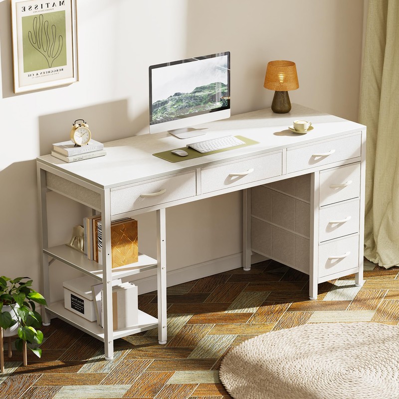 Huuger Computer Desk with 6 Drawers, Office Desk with Shelves,