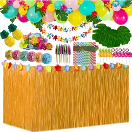 Hawaiian Party Decorations Set with Ballon,Hawaiian Grass Table Skirt, Palm Leaves, Hawaiian Flowers,Paper Pineapples,Flower Banners for Hawaiian Themed Beach Summer Tropical Party