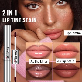 Wugbc Peel Off Lip Stain Double Head 2 Colors, Matte Lip Liner Stain Marker Long Lasting Waterproof Liquid Lipstick Tattoo Lip Gloss Non-Stick Cup Pink Nude Brown Lip Stain Tint Makeup, #01