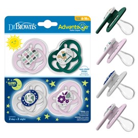 Dr. Brown's Advantage - Chupete para bebé que brilla en la oscuridad, chupete totalmente simétrico con foco de silicona suave, ardilla para patinete, naturaleza morada, 6-18 m, sin BPA, paquete de 4