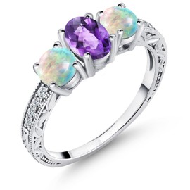 Gem Stone King 925 Sterling Silver Purple Amethyst and White Simulated Opal Engagement Ring For Women (1.87 Cttw, Oval Checkerboard Gemstone Birthstone, Available in size 5, 6, 7, 8, 9)