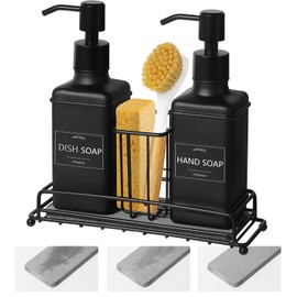 VIMERPA Dish Soap Dispenser with Adjustable Sponge Holder, 10 fl oz Kitchen Hand and Dish Soap Dispenser Set, Matte Black Bottle and Vintage Design