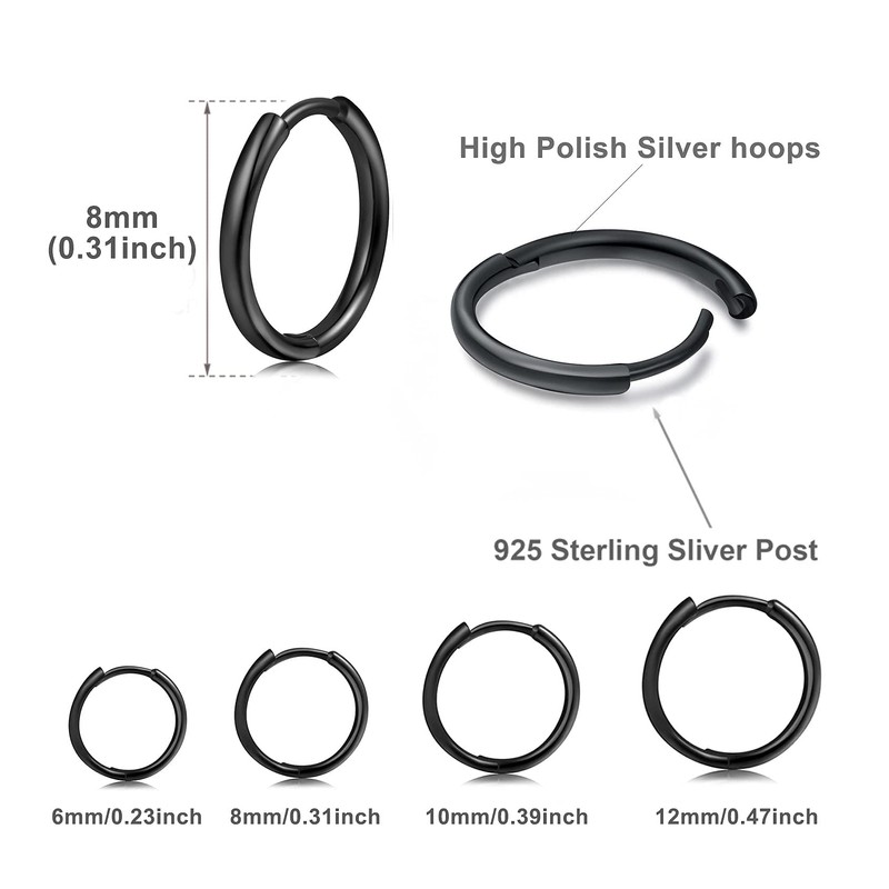 3 Pairs Black Earrings for Women S925 /Sleeper Earrings Small