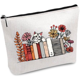 CREATCABIN Cat Book Makeup Bag Canvas Cosmetic Bag Multi Purpose Pen Case Zipper Toiletry Travel Bag Case Purse Pouches Portable Survival Kit for Women Friends Teacher Graduation Gifts 10x7Inch
