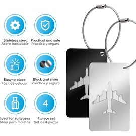 Canotagio Set de 4 Identificadores de Maletas de Viaje. Identificadores de equipaje de Aluminio para Valijas, Mochila o Bolsa con Gancho de Acero y Tarjeta para Datos Personales. Luggage Tag. (4pzas)