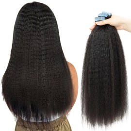 ISHEENY Tape Extensions, Kinky Straight Real Hair, Natural Black, Remy Hair Extensions, Real Hair, 45 cm, Tape in Silky Straight, Invisible Tape-In Extensions, Real Hair, 20 Pieces, 40 g