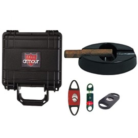 F.e.s.s FESS Armour Gift Set Travel 10-15 Black Cigar Humidor Waterproof Holder Case with Cigar Ashtray 3 PC Cutter Combo Set (Armour15-Melamine2CigarAshtray)