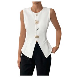 GORGLITTER Women's Metal Pearl Blazer Vest Dressy Sleeveless Fashion Vests Top Business Casual Work Tops White Small