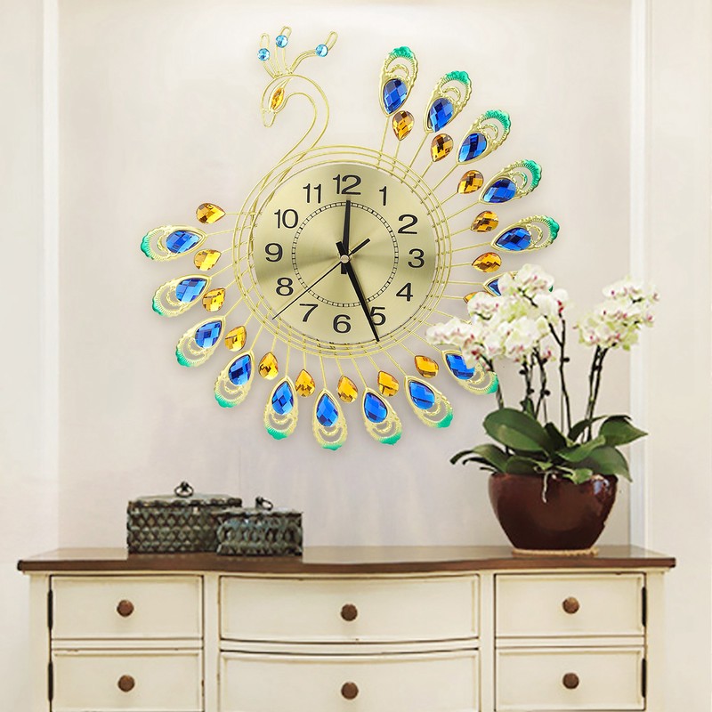 Iron Modern Wall Clock Large 3D Peacock Shape Non Ticking