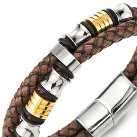 COOLSTEELANDBEYOND Men Double-Row Rough Rusty Brown Braided Leather Bracelet Bangle Wristband, Silver Gold Steel Ornament, Leather