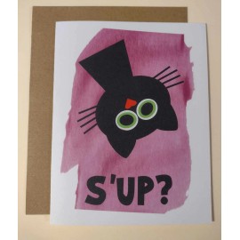Days of Jeremiah Greetings S'up? Upside Down Black Cat Greeting Card, 4.25" x 5.5", A2 Size, Blank Inside