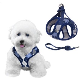 PawSailor Plaid Medium Dog Harness, No Pull with Leash, No Choke, Breathable Mesh, Comfortable Padded Puppy Harness, Adjustable, Escape Proof, Reflective Stripe, Blue L