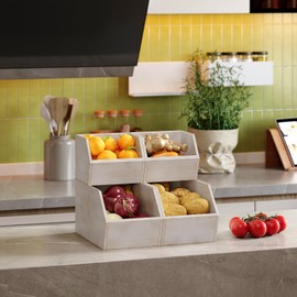 Trironsun 2 Set Bamboo Pantry Storage Bins Wood Stackable Baskets Potato and Onion Storage Bins Fruits Vegetable Bread Organization for Kitchen Counter