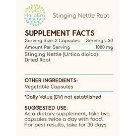 HerbEra Stinging Nettle Root 60 Capsules, 500 mg, Stinging Nettle (Urtica Dioica) Dried Root (60 Capsules)