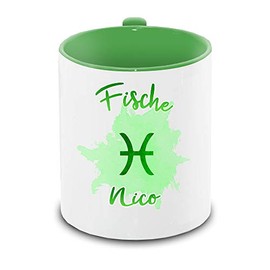 Tasse mit Namen Nico und Sternzeichen-Motiv Fische im Lettering-Stil | Keramik-Tasse grün | Astrologie-Geschenk