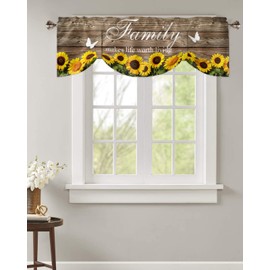 Sunflower Tie Up Valance, Family Makes Life Worth Living Positive Quotes Word Farm Sunflower Old Wooden Window Treatments Short Window Shades Valances for Bedroom Bathroom, Over Sink 42x12in,1 Panel