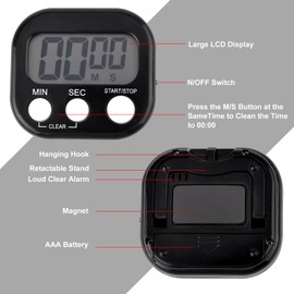 Digital Kitchen Timer, Egg Timer, Kitchen Timer, Digital Magnetic Stopwatch Timer with Alarm, Stopwatch/Countdown Clock for Kitchen, Study, Training (Black)