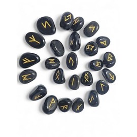 Black Agate Rune Stones Set with Elder Futhark Alphabet Engraved Symbol 25 pcs Set for Feng Shui Chakra Balancing Reiki Healing Crystal Runes Stones Set Size: 15-20 mm (Black Agate)