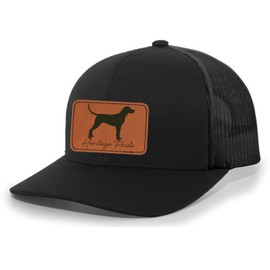 Heritage Pride Canine Collection Redbone Coonhound Deer Hunting Dog Mens Engraved Leather Patch Mesh Back Trucker Hat, Black/Black