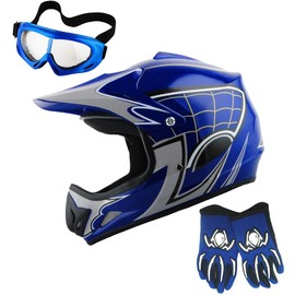 WOW Youth Motocross Helmet BMX MX ATV Dirt Bike Helmet Spider Web Blue + Goggles + Martian Spider Blue Glove Youth Bundle