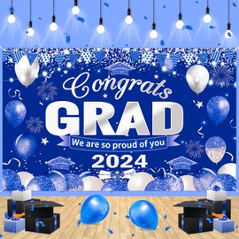 Graduation Party Decorations Banner Navy Blue Silver Congrats Grad Banner Class of 2024 Banner Large Blue Congrats Grad We are So Proud of You Photo Backdrop Banner for School Prom 2024 Party Supplies