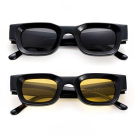 Teumire Retro Rectangle Polarized Sunglasses for Small Face Women Men Chunky Square Thick Frame Glasses UV400 Protection(Black/Grey+Black/Clear Yellow)