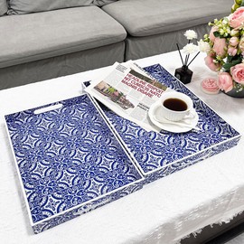 Umisriro 2 Pack Serving Tray with Handles, Rectangular Decorative Trays for Coffee Table, Modern Blue Plastic Ottoman Tray for Living Room, Bathroom, Kitchen, Decor, (Boho Blue)