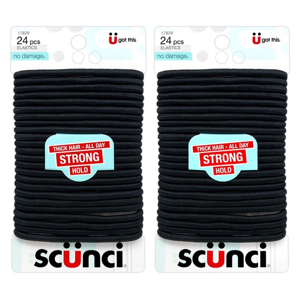 Scunci Thick Hair Black Elastics, All day strong hold No-Damage, 5mm thickness, 24-Pieces per pack (2-Pack)