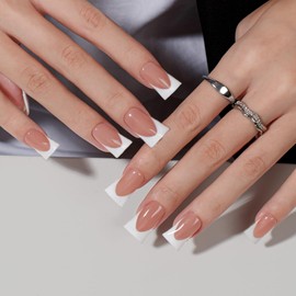 KQueenest Duck Press on Nails French Tip - White Nails to Stick On Long Medium, Nude Fake Nails with Glue, Square False Nails Set for Women, 30 Pieces