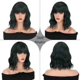 Short Green Wigs With Air Bangs Shoulder Length Bob Wig For Women Curly Wavy Synthetic Cosplay Wig for Girl (12" Dark Green)