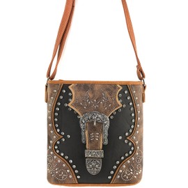 Justin West Floral Studs Laser Cut Western Rhinestone Buckle Messenger Purse Conceal Carry (Brown Messenger Only)