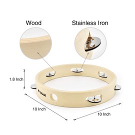 MUSICUBE 10-Inch Tambourine for Adults Kids Single Row Wooden Tambourine with Stainless Iron Jingles Educational Hand-Held Percussion Instrument Toys for Home School Party Supplies