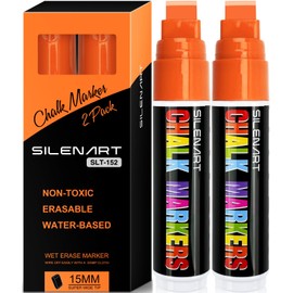 SILENART Orange Chalk Markers 2 Pack -15mm Jumbo Tip Auto Car Markers - White Dry Erase Markers Pen - Chalk Pens Orange Liquid Chalk Markers for Chalkboard, Window, Glass, Mirror, Blackboard