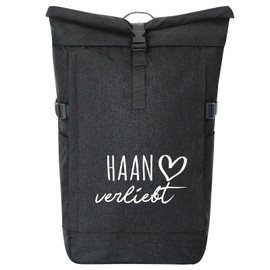 Huuraa Kurierrucksack Haan verliebt Geschenk 30-44 Liter Black Melange Roll-Top Fairtrade Haan Geschenkidee