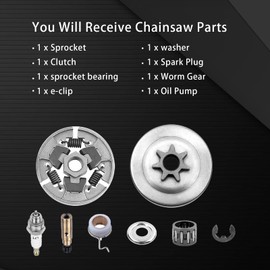 3/8 Inch 7T Pinion Clutch Drum Kit for Stihl 017 018 MS170 MS180 021 023 025 MS210 MS230 MS250, Pinion + Clutch Drum + Worm Gear + Washer + E-Clip + Spark Plug Needle Bearing Kit