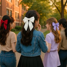 4PCS Large Satin Bow Hair Clips for Girls & Women – Long Tail Hair Bows with Metal Clip for Thick Hair, Cheerleading, Weddings, School, and Daily Wear – Black, White, Red, Purple