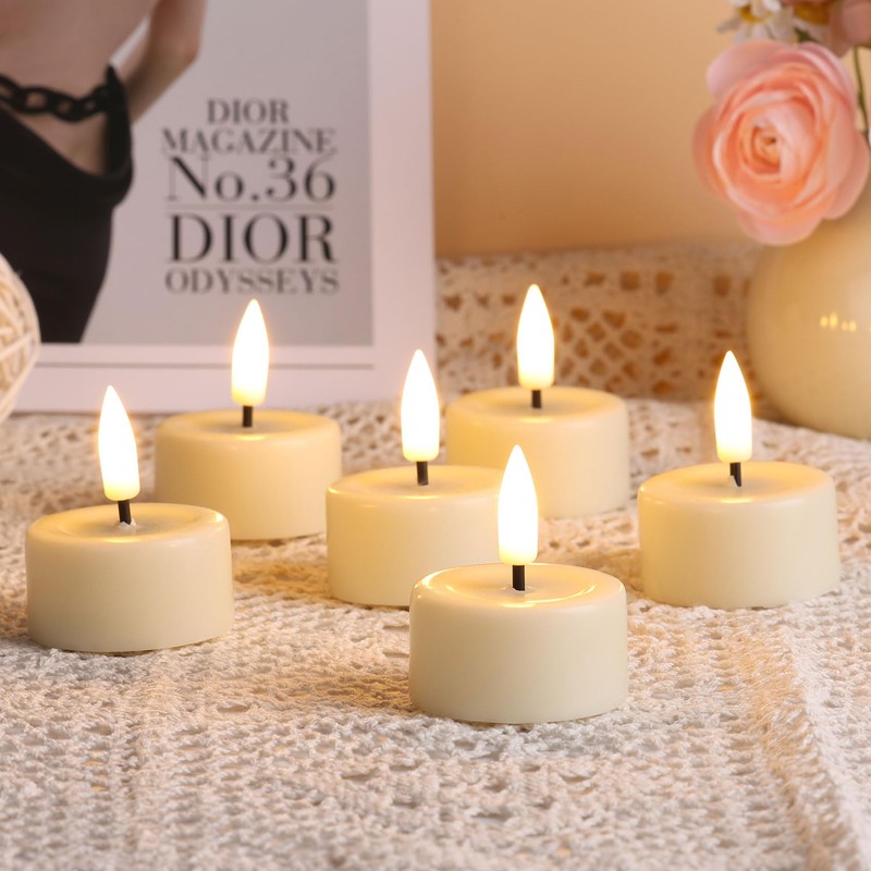 Eywamage Ivory Flameless Wax Tealights with Remote Batteries, Flickering Realistic