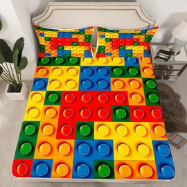 Feelyou Toddler Building Blocks Fitted Sheet Twin Size Kids Toy Brick Bedding Set for Boys Teens Games Bed Sheet Set Breathable Colorful Bed Cover Room Decor
