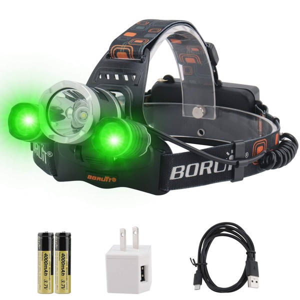 BORUIT RJ-3000 LED Green Headlamp,3 Modes White and Green LED Hunting Headlight,USB Rechargeable 5000 Lumens Tactical Head lamp for Fishing Running Camping Hiking