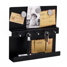 LuHeToz Stainless Steel Wall Mounted Key and Mail Holder with Magnetic Memo Board - 5 Key Hooks and 5 Magnets (Black)