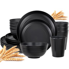 LIYH Wheat Straw Dinnerware Sets Unbreakable Dinner Plates for 4 Plates and Bowls Set Black Plastic Dinnerware Set Include 8Pcs Wheat Straw Plates 4Pcs Bowls 4Pcs Cups Dish Set for Kitchen&Camping