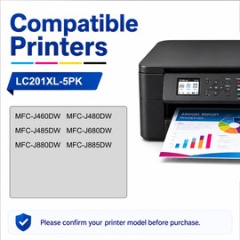 LC201XL Ink Cartridges 5-Pack Replacement for Brother LC201 XL, 2BK/C/M/Y