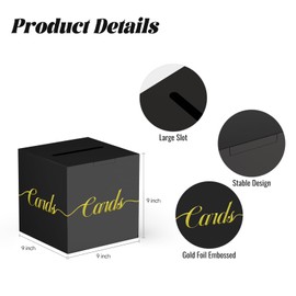 Black Graduation Card Box, Card Box for Party with Gold Foil Embossed Design 9 x 9 x 9 Inch Box for Cards Receiving at Wedding Reception Birthday Bridal Baby Shower Raffle