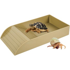 Alongen Tortoise Water Dish, Tortoise Food Dish, Anti Slip Reptile Pool Bowl with Ramp, Reusable Reptile Pool Tortoise Habitat Accessories for Turtles Horned Frogs and Lizards(Brown)