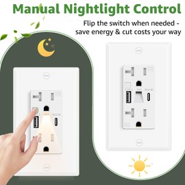 USB Outlet with Night Light, 20A Manual Control Nightlights Duplex Receptacle with Type A+C Ports, Tamper-Resistant, for Bedroom Kitchen Bathroom, 2-Pack White, ETL/FCC Listed