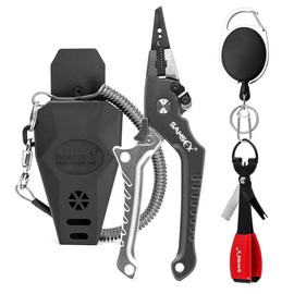 SAMSFX Aluminum Saltwater Fishing Pliers Locking with Quick Nail Knot Tying Tool and Zinger Retractor (Gray & Silver Handle-7'' Split Ring Nose, Fishing Knot Tying Tool)