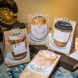 2025 Mini Desk Calendar Standing Flip Monthly Creative Coffee Pattern Calendar 4.4" x 2.8" - Latte